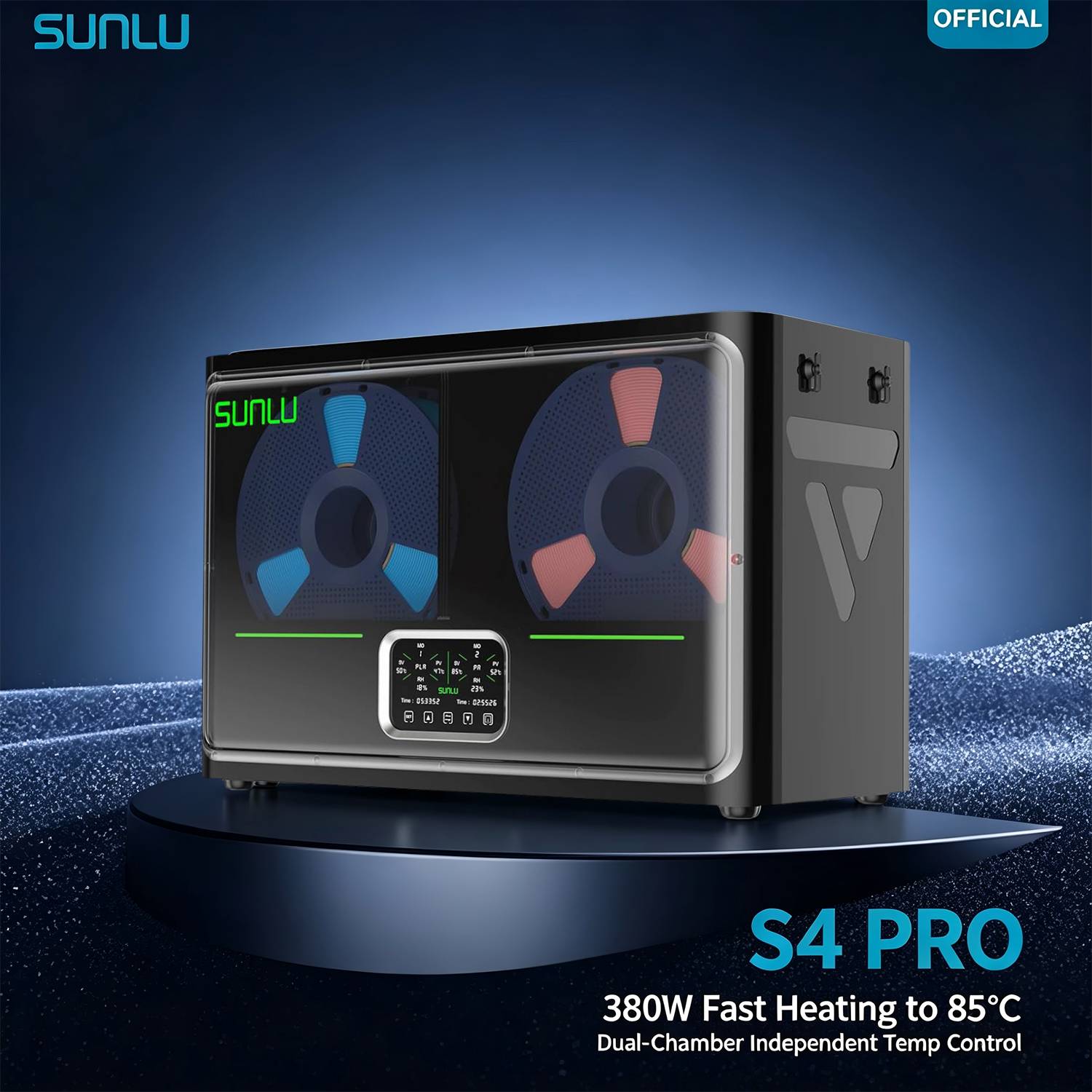 SUNLU S4 Pro 3D Filament Dryer 380W PTC Dual-Zone 85°C Annealing Auto Humidity 4 Spools for ABS PLA PETG PA Nylon Filament Dryer
