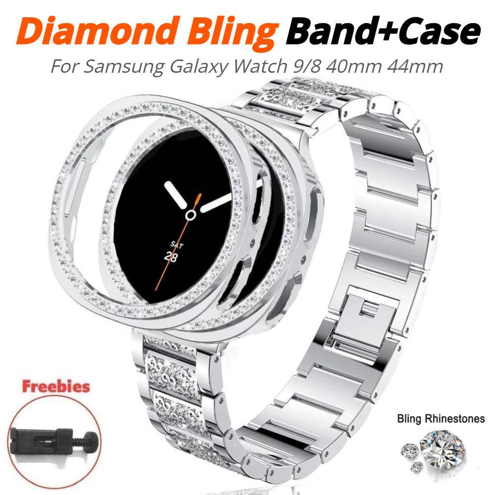 Diamant Metallarmband För Samsung Galaxy Watch 8 40mm 44mm Bling Armband Rem+PC Skyddsfodral För Samsung Galaxy Watch8 Classic 46mm Armband silver
