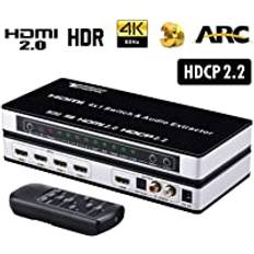 Tendak HDMI 2.0 Switch 4-ports HDMI-omkopplare 4K HDMI-distributör 4 till 1 med optisk och L/R ljudextraktor med fjärrkontroll stöder UHD 4K@60Hz HDCP 2.2 ARC 3D