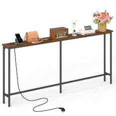 Konsolbord smalt 160 cm brett konsolbord med uttag, hallhylla, smalt sidobord, soffa, soffa för entré, hall, foajé, veranda, balkong, vardagsrum, möbler/brun och svart/160 x 20 x 80 cm – 1 styck