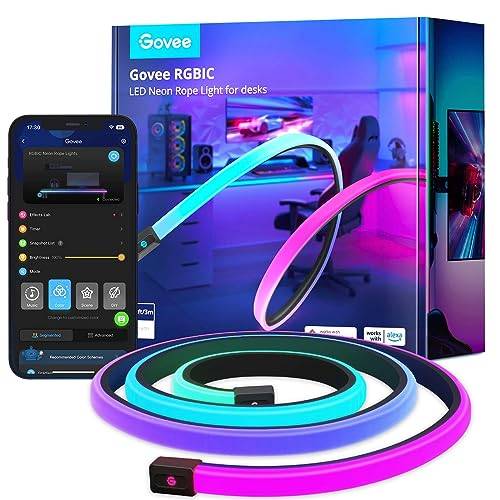 Govee Gaming Neon LED Strip 3M mit 84 LED-Perlen/m, RGBIC Blendfreie Neon LED Streifen mit Alexa arbeiten und APP, 11 Musikmodus und 64+ Szenenmodus für Spielzimmer und Tischplatte, Zuschneidbarer
