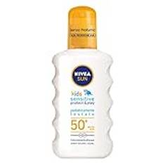 NIVEA SUN Solskyddsmedel Spray Kids Sensitive Protect & Play FP 50 200 ml, solskyddsmedel barn och spädbarn från 6 månader, solskyddsmedel 50+ i praktisk sprayflaska