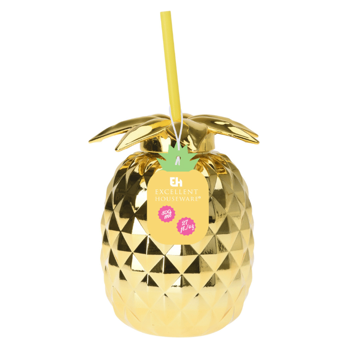 Guld ananasformad cocktailglas m. sugrör - 750 ml