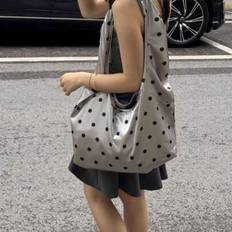 Back To School Silver Polka Dot Satin Oval Underarm Shoulder Bag Lightweight Versatile Fashion Commuter Outdoor Daily Shopping Tote Bag With Large Cap - Silver