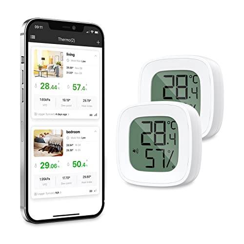 Ankilo Trådlös termometer, Bluetooth inomhus temperatur- och fuktighetssensor, för hem garage växthus barnrum (vit-pack med 2)