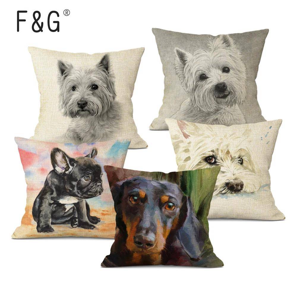 Handmålat Hund Dekorativt Kuddöverdrag Sött Bulldog Kuddfodral Linne Örngott för Cojines Decorativos Para Sofa beige