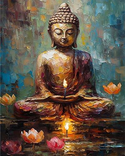 TISHIRON Bouddha måla efter siffror för vuxna, lotus måla efter siffror, borstar och akrylfärg, 40 x 50 cm, inga flammor