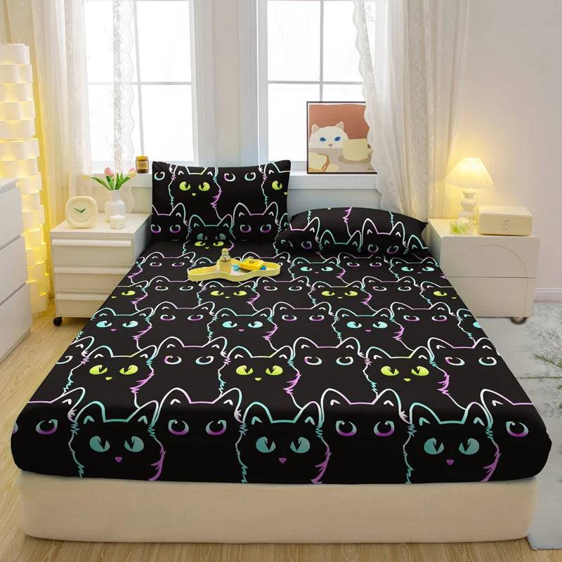1 Cartoon Fun Animal Printed Matte Fitted Sheet, Bedroom Printed Bed Cover, Bedding (Excluding Pillowcases) - Cat cubs gather / 180x200cm