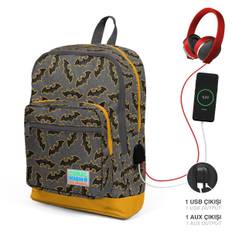 Coral High Kids Dark Gray Mustard Bat Patterned Four Compartment USB School Backpack 23821