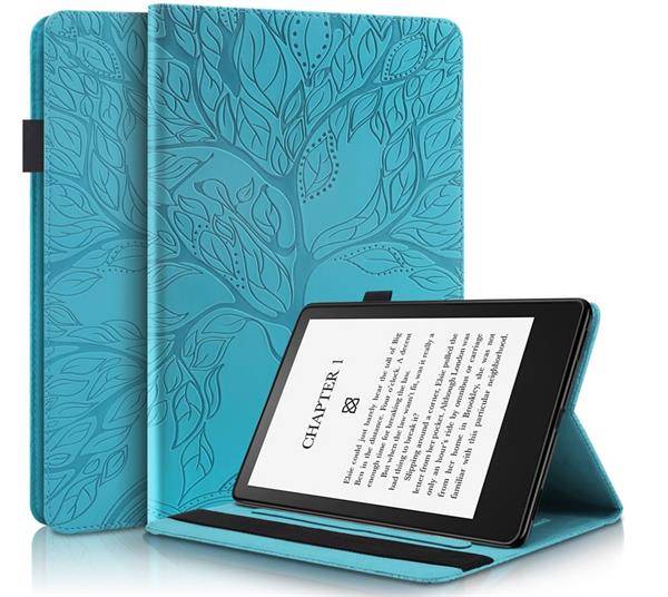 Cover - Træåre - kunstlæder cover med kortholdere - til Paperwhite 5 (2021) - Cyan