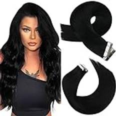 Moresoo Svart tejp i förlängningar, äkta hår, Remy Extensions, äkta hår, svart hårförlängning, äkta hår, tejp, förlängningar, äkta hår, slät #1 55 cm, 20 stycken 50 gram