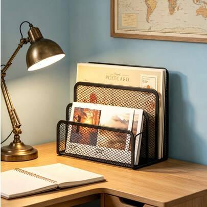 1 st svart skrivbordsorganizer i metallnät för brev, liten mapporganizer med 3 vertikala fack och bokstöd, lämplig för dokumentorganisering i klassrum - 1 st - Svart