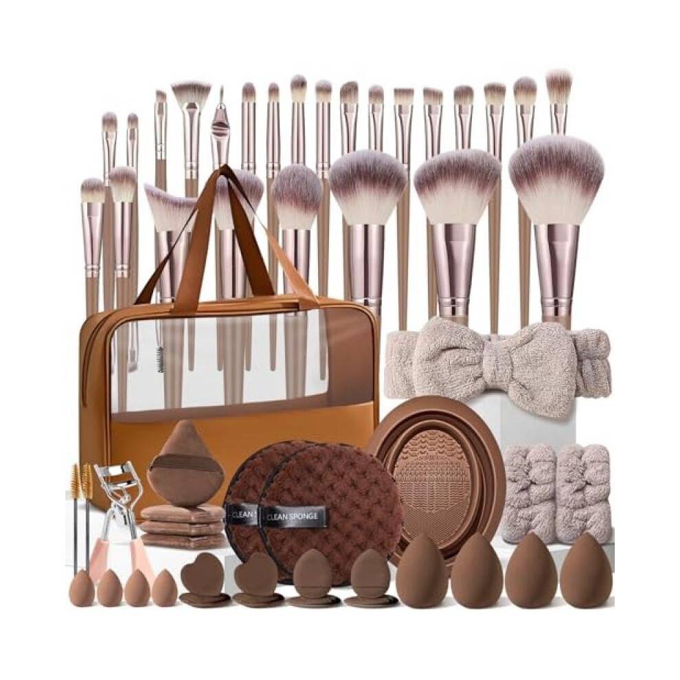 (咖色55件套(睫毛夹款)) 55Pcs Makeup Tools Set Coffee Color Blender Sponge Puff Combo Foundation Sponge Brush Set Travel Makeup Kit
