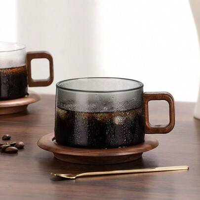 Kaffekopp och fat i glas, exklusivt eftermiddagste med sked, snygg kaffekopp i glas i japansk stil, tillbaka till skolan - kaffekoppsset (Transparent modell,Ask stil,Transparent + Ask)