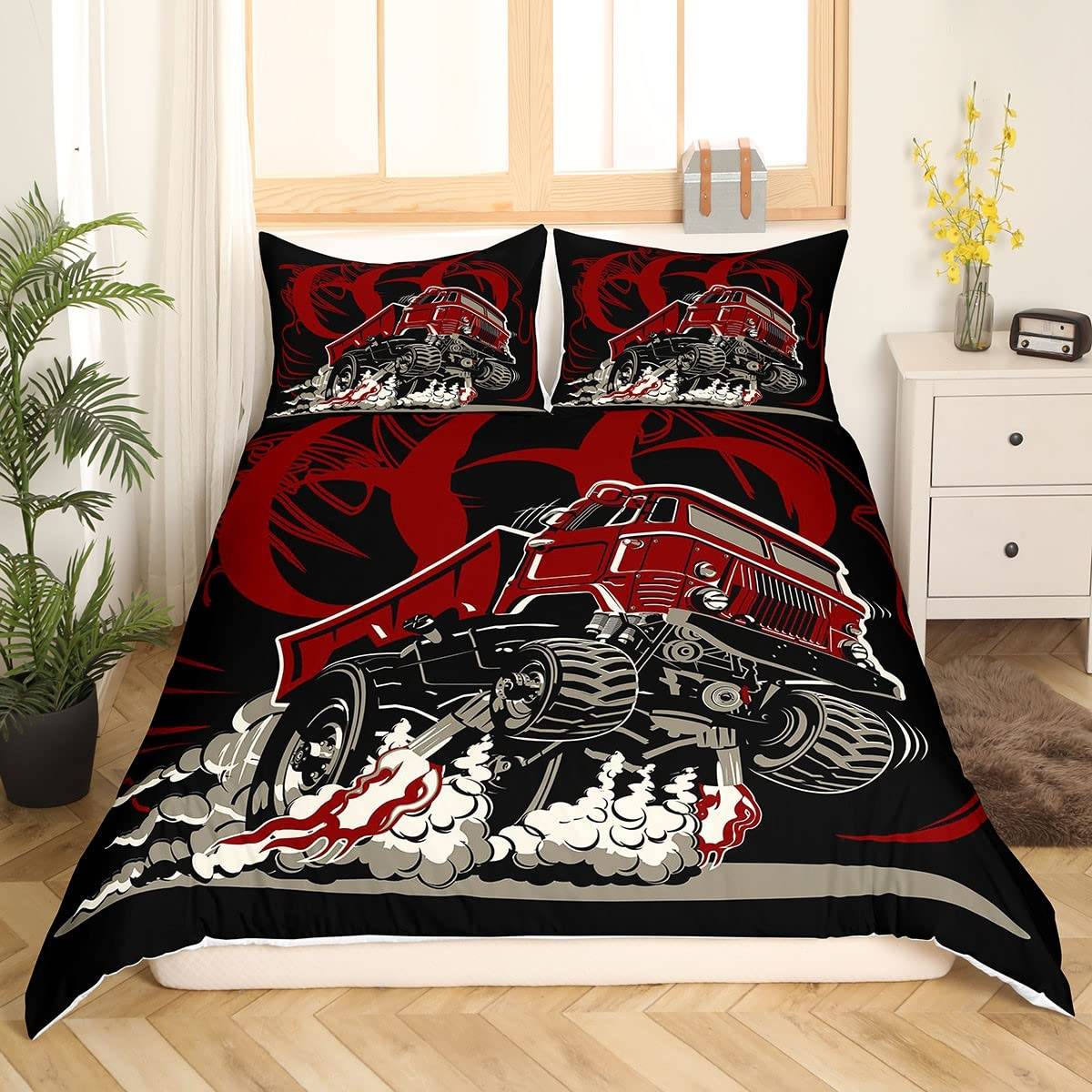 Brandbil Kung Drottning Påslakan Tecknad Polisbil Sängkläder Set för Barn Pojkar Brandman Täcke Överdrag Polyester Täcköverdrag 70x133cm 2pcs