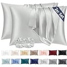 Vielit Satinörngott, 40 x 60 cm, set med 2, hårfodral, liknar sidenkuddfodral, 40 x 60 certifierade Oeko-Tex, 2 hårsnoddar i satin, ljusgrå