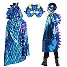 Sprinlot Blå dinosaurie för barn, pojke, dinosaurie-dräkt, halloween-mask, kappa med huva, karneval, dinosauriefest för pojkar, flickor