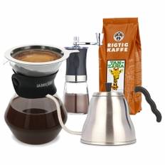 La Cafetière Pour Over 3 Kop., Hario V60 Kedel, Manuel Kaffemølle og Rigtig Kaffe Tanzania No. 2 - 400g Hele kaffebønner