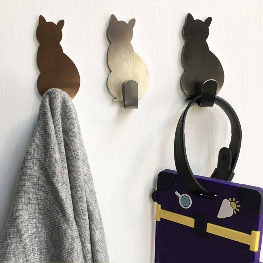 Självhäftande väggkrokar kattmönster galgar 2 st för kök badrum sticka på vägghängande dörr klädhängare handdukshängare virkade - silver--