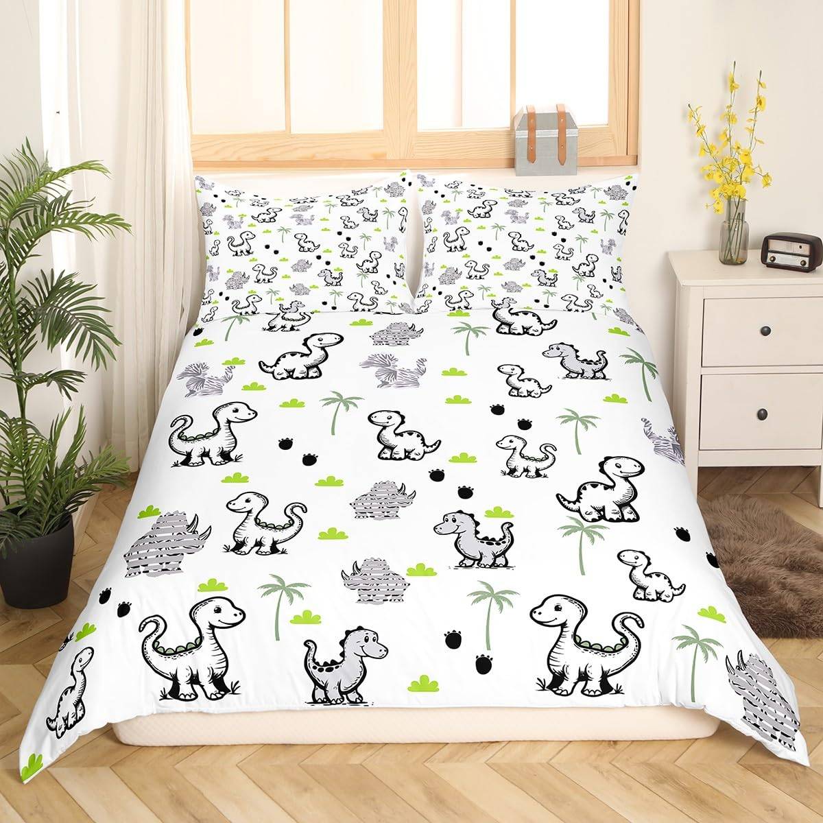 Dinosaurie Påslakan Pojkar Flickor Söt Tecknad Vild Dino Sängkläder Set för Barn Djungeldjur Täckeöverdrag Kawaii Quiltöverdrag EU Single(135x200cm)