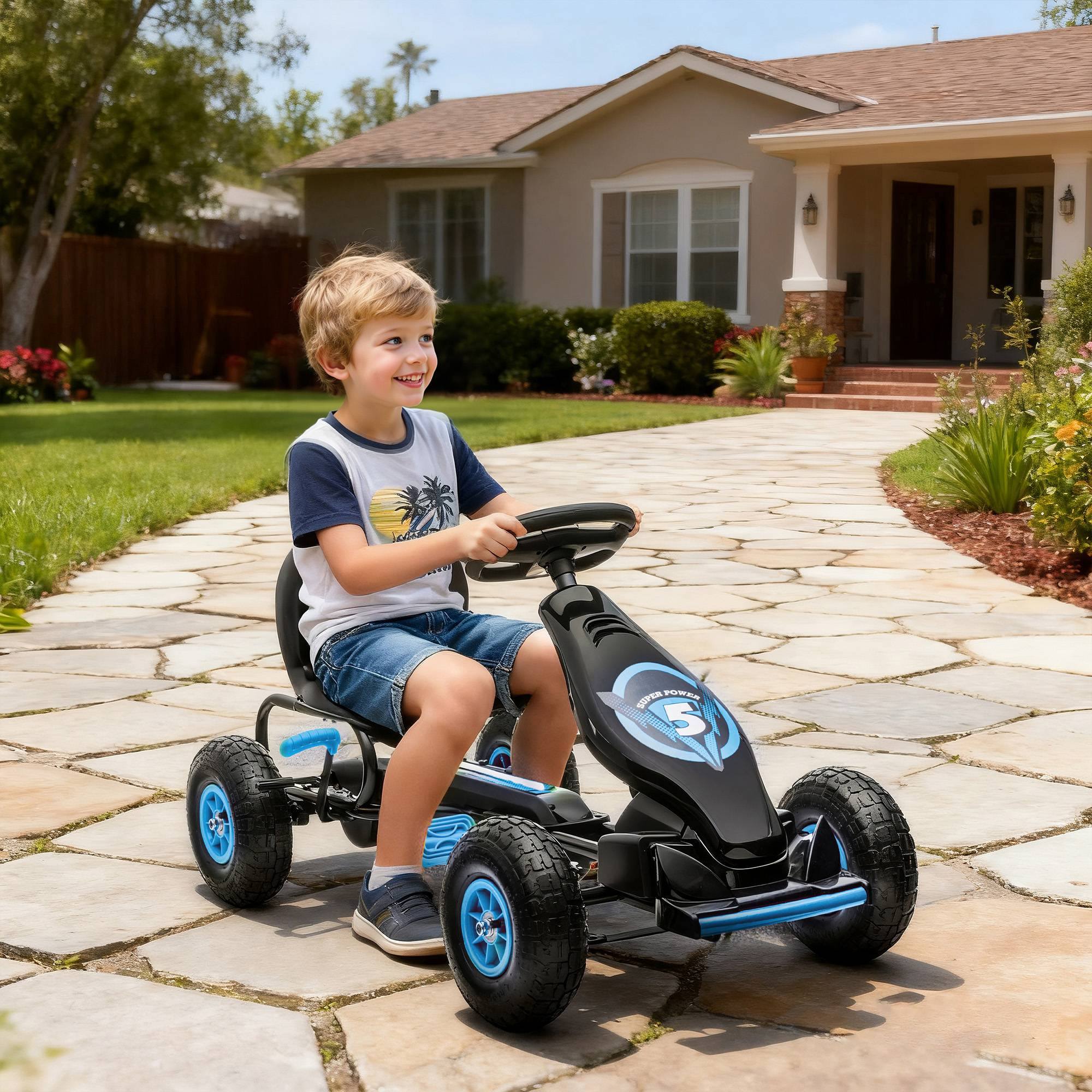 Gokart Børnekøretøj Blå/Sort med Justerbart Sæde, Gummidæk, Pedal, Håndbremse, Fra 5 år, Til Udendørs Sjov.