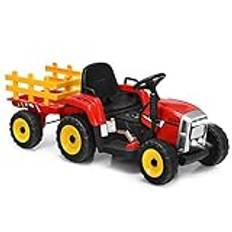 GOPLUS Elektrisk traktor för barn med släpvagn, 3-växlad elfordon med fjärrkontroll, 12 V elbil, LED-ljus och musik och Bluetooth, 30 kg lastkapacitet, från 3 år (röd)