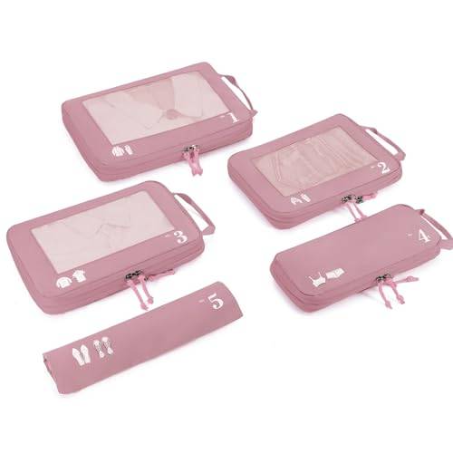 ECOHUB 5 Teilige Kompression Koffer Organizer Set für Rucksack Compression Packing Cubes Packwürfel Kofferorganizer Packtaschen Kleidertaschen für Koffer Reiseorganizer(Rosa)