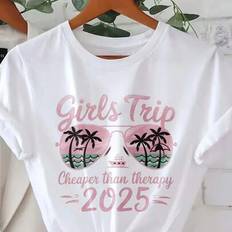 Plus Size Women Girls Trip Graphic Tee, Palm Tree Print Sun Glasses Beach Vacation Style, Casual Plain Color Short Sleeve Crew Neck Tops For Summer - White - 0XL,1XL,2XL,3XL,4XL