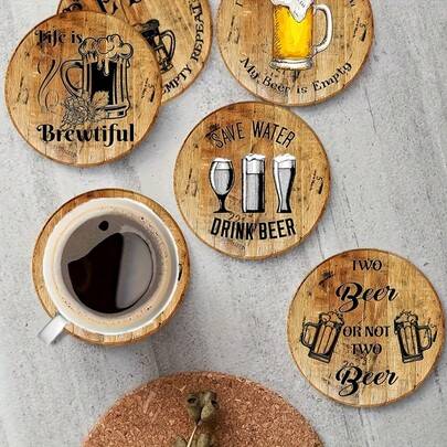 Set med 6 vintage ölbriketter – runda träbriketter med lager-, ale- och stoutmönster samt tyska dryckesspråk – bardekoration för bordsskiva, kökstillb - Senapsgul (10*10 cm)