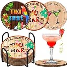 6 st dryckesunderlägg med hållare underlägg för drycker tjocka robusta absorberande korkunderlägg roliga tiki bar design för kaffekoppar dricksglas bord skrivbordsskydd inflyttningspresent