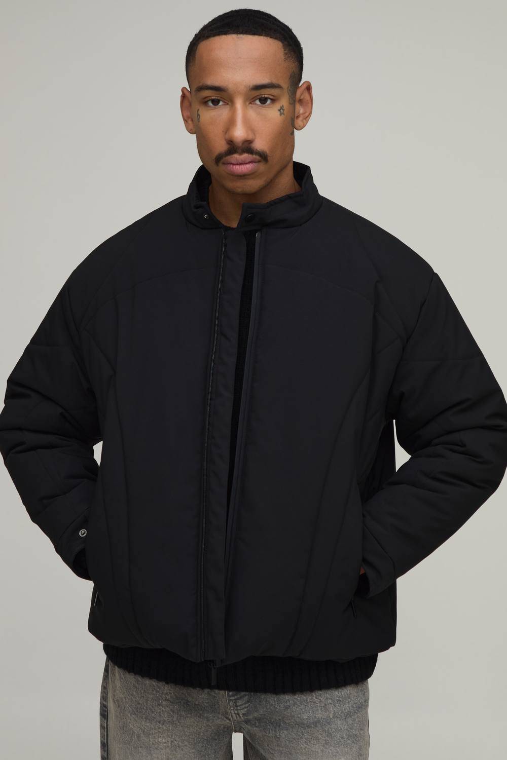 Regular Fit Moto Panel Puffer Jacket | Black | Size XS
