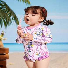 Söt baddräkt med blommönster och lila rosett och volangkant för småbarnsflickor, för stranden och sommaren - Rosa (6-9M,9-12M,12-18M,18-24M,2-3Y)
