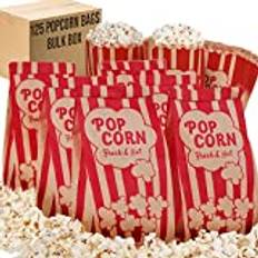 Popcornpåsar som rymmer 44 ml – storpack med 125 st – mediumstora bruna och röda papperspåsar – perfekt för filmkvällen, snackslådor, marknadsstånd, fest- eller speltillbehör – godispåse – A2S-märke