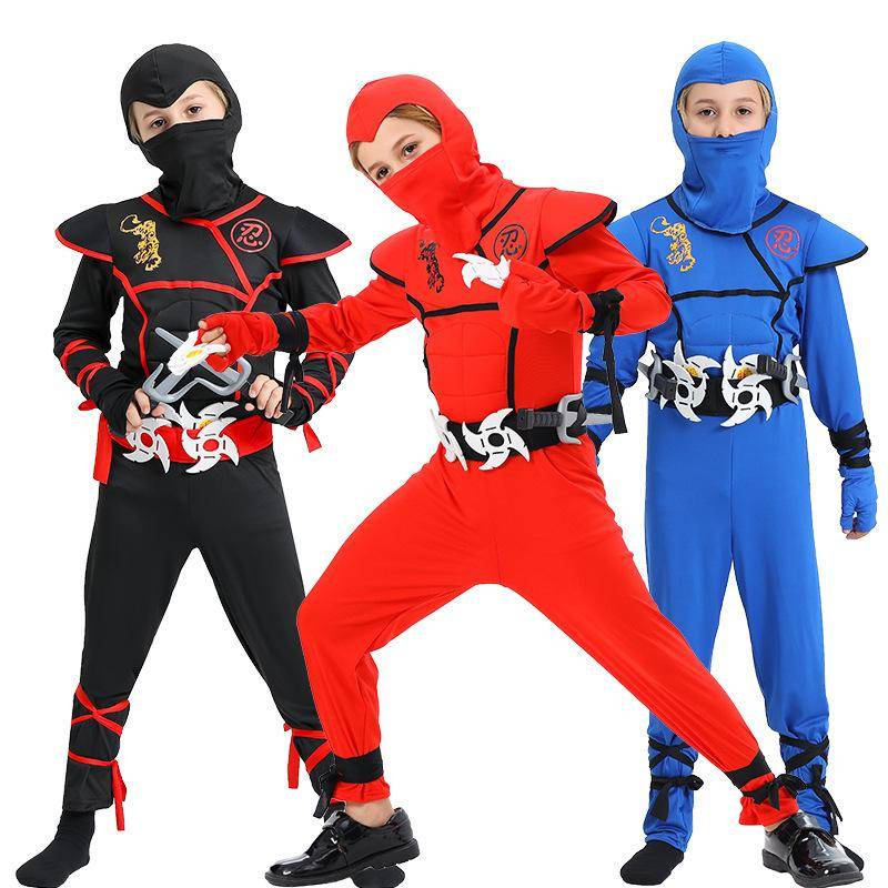 Barn Ninja Deluxe Kostym med Vapen Tillbehör Pojkar Kung Fu Kläder Idéer Bajonett Leksaker Samurai Ninja Halloween Kostym cm