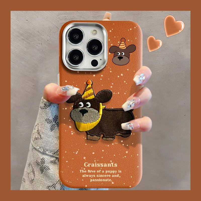 Ink-splashed Embroidered Puppy Suitable for Apple 16PROMAX Mobile Phone Case Iphone15 Metal Leather Pattern 14 Large Holes To Prevent Falling Honor 100 Pro