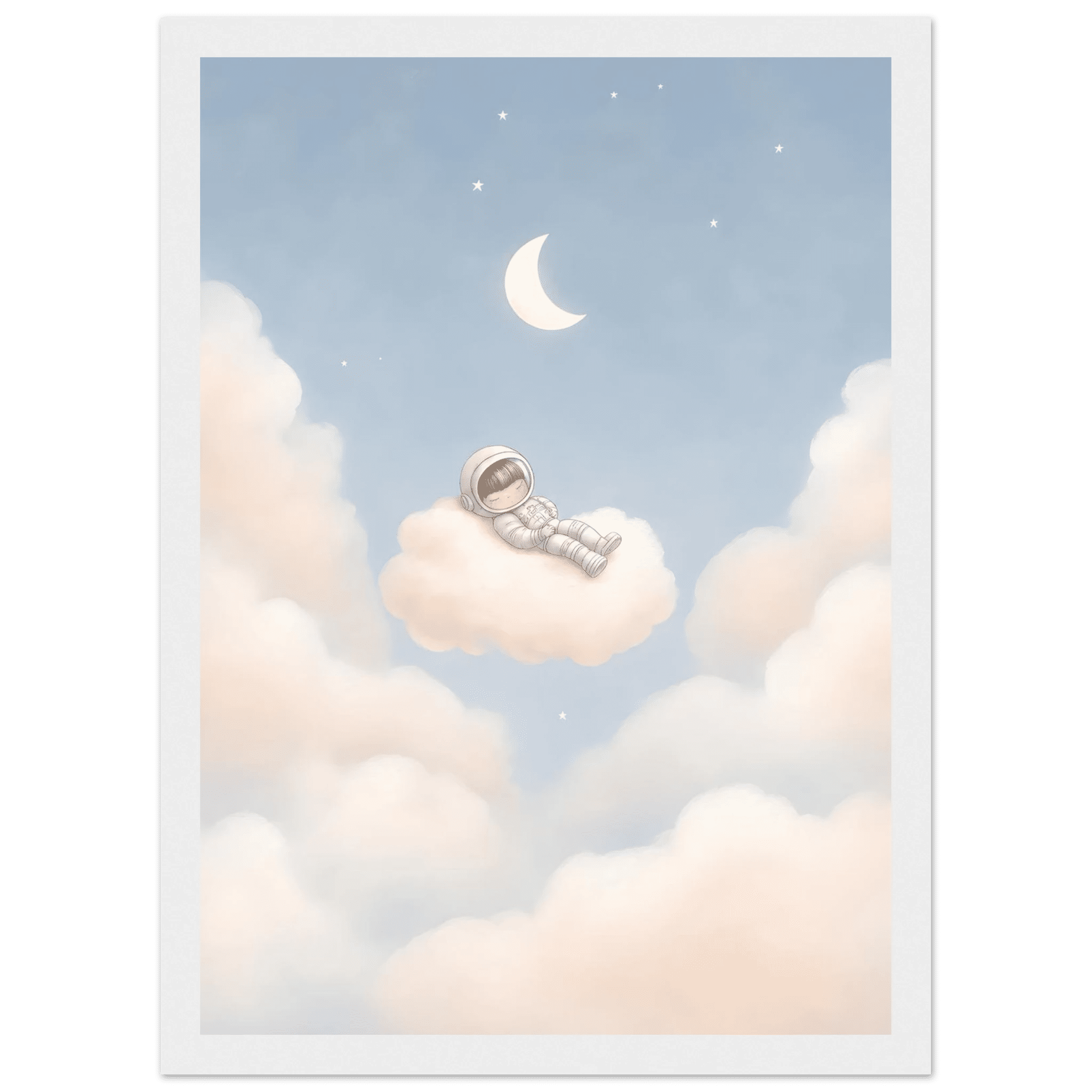 Sovande astronaut på moln poster-21x29.7 cm / 8x12" / Med ram / Vit