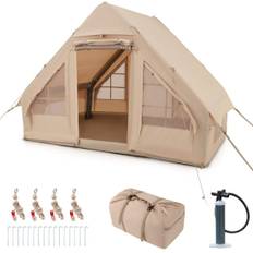 Oppusteligt campingtelt i bomuld til 4-6 personer med pumpe og strandtelt med 7 vinduer