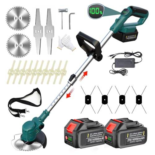 Rasentrimmer mit Akku, 4-in-1 Akku Rasentrimmer für Makita-Akkus mit 4 Klingentypen, 21V Freischneider Akku, Rasentrimmer Elektrisch mit 2X 4.0Ah Akku 90° Schwenkbarer Kopf für Rasen Garten, Blue
