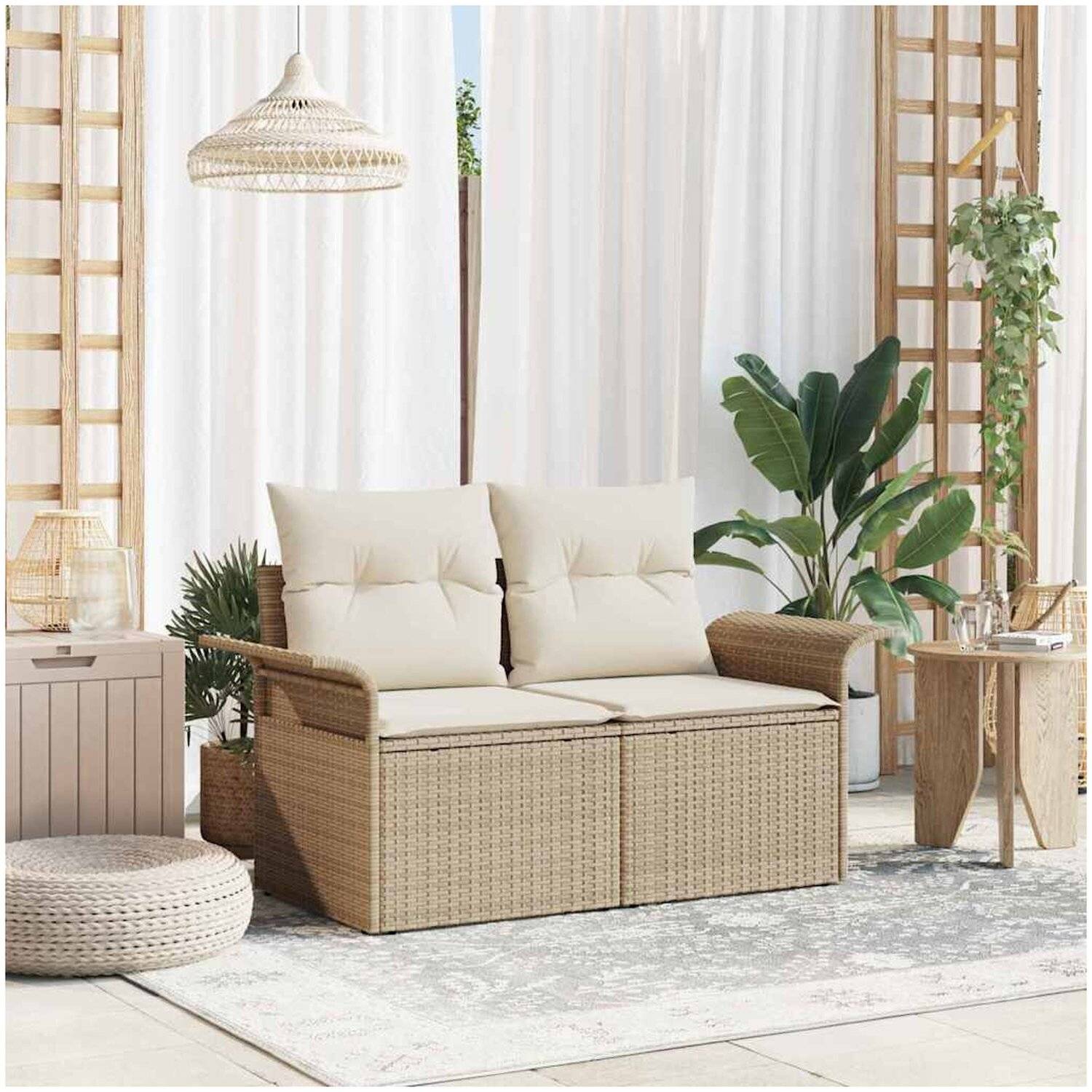 Trädgårdssoffa vidaxl - 2 sits med förvaring och kuddar beige poly rottning 141 x 61,5 69 cm naturlig rotting - Beige