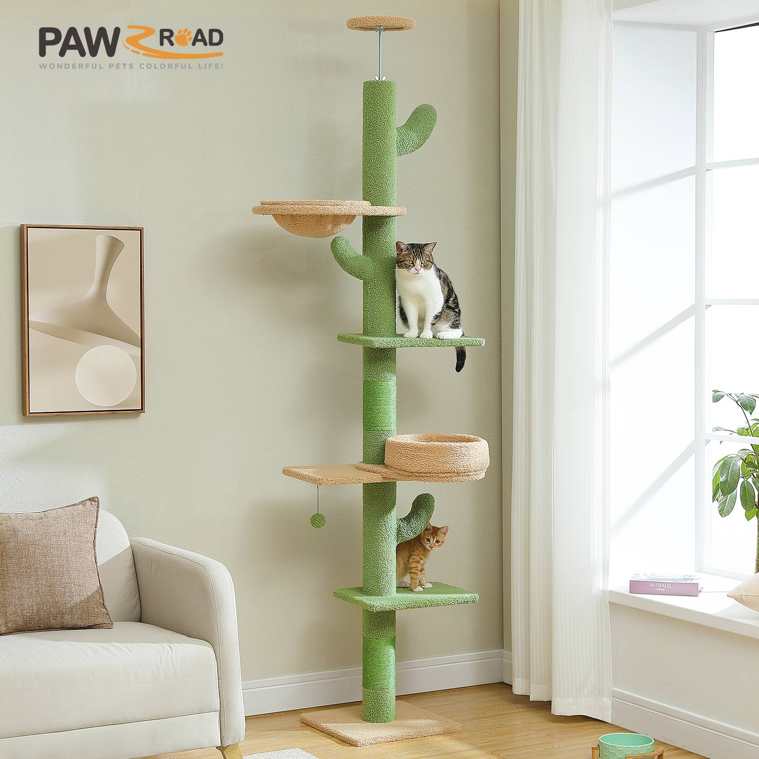 Height Adjustable Cactus Cat Tree with Cozy Hammock, Platforms and Dangling Balls, Floor to Ceiling Cactus Tower, Cat Toys