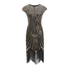Vintage Flapper Kjoler fra 1920'erne til Kvinder Krystalperlebesatte Frynser Great Gatsby Kjole Sort&Guld