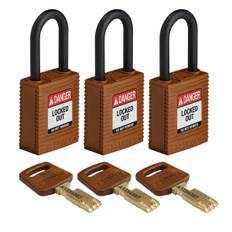 SafeKey hængelås fra Brady, robust forstærket nylon krop med plastik sjækkel, fås i 9 farver, sjækkelhøjde 38,10 mm, 3 stk i en pakke