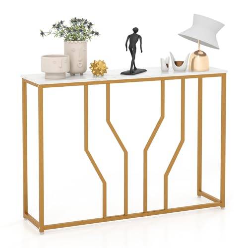 COSTWAY konsolbord, entrébord smalt marmorutseende, soffbord med geometrisk metallram, sidobord guld + vit, 110 x 30 x 80 cm, för vardagsrum, hall, entré, JV11188WHDE