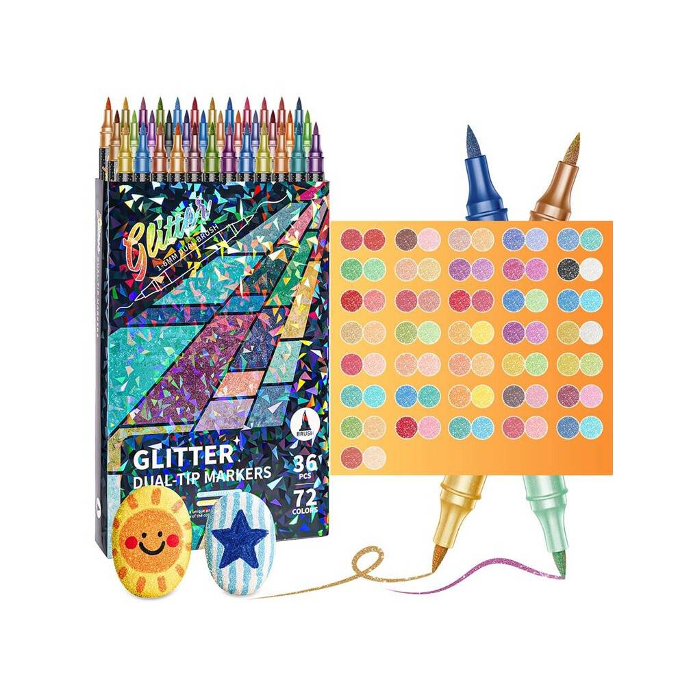 Glitter Effect Brush Markers for Doodle Writing, Dual Tip Dual Color Shimmer 72 Colors