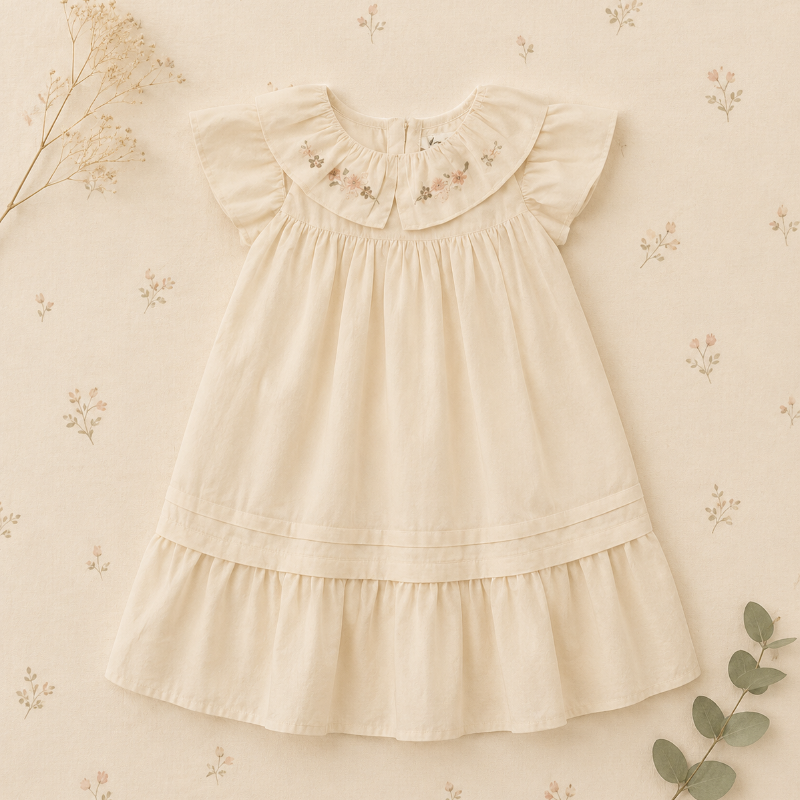 Princess Dress – Elegant och bekväm – Klänning med broderad krage Aprikos / 130 (8–9 år) | Pedagogiska Träleksaker