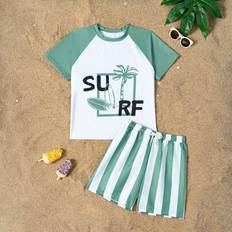 Tween Boys Grön Palm Print Loose Fit Kortärmad Baddräktstopp Och Matchande Strandshorts, 2-delat Set - Multifärgad (8Y,9Y,10Y,11Y,12Y)