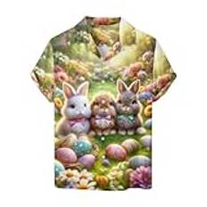 Påskskjorta för män, roliga kaninägg, kortärmad, knäppning, påskkläder, lätt och lättskött, lös passform, bekväm, elegant sommartryckt T-shirt, S, Storlek S:, XL