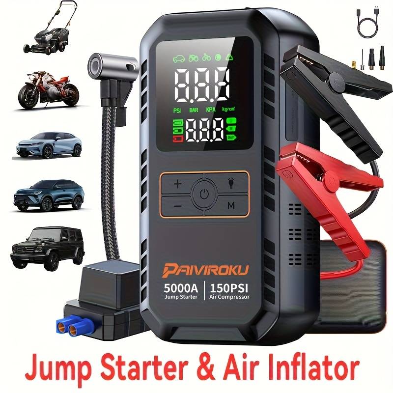 TEMU 5000a 7-in-1 Portable Car Jump Starter With 150psi Air Compressor, 12v Battery Booster For .0l Gas/6.0l , 50 Starts, Lcd Display, Led Emergency Light & Qc3.0 Fast Charging