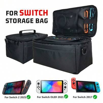 Kompakt bärväska med stor kapacitet för Nintendo Switch 2, komplett set med handhållen axelväska - Svart
