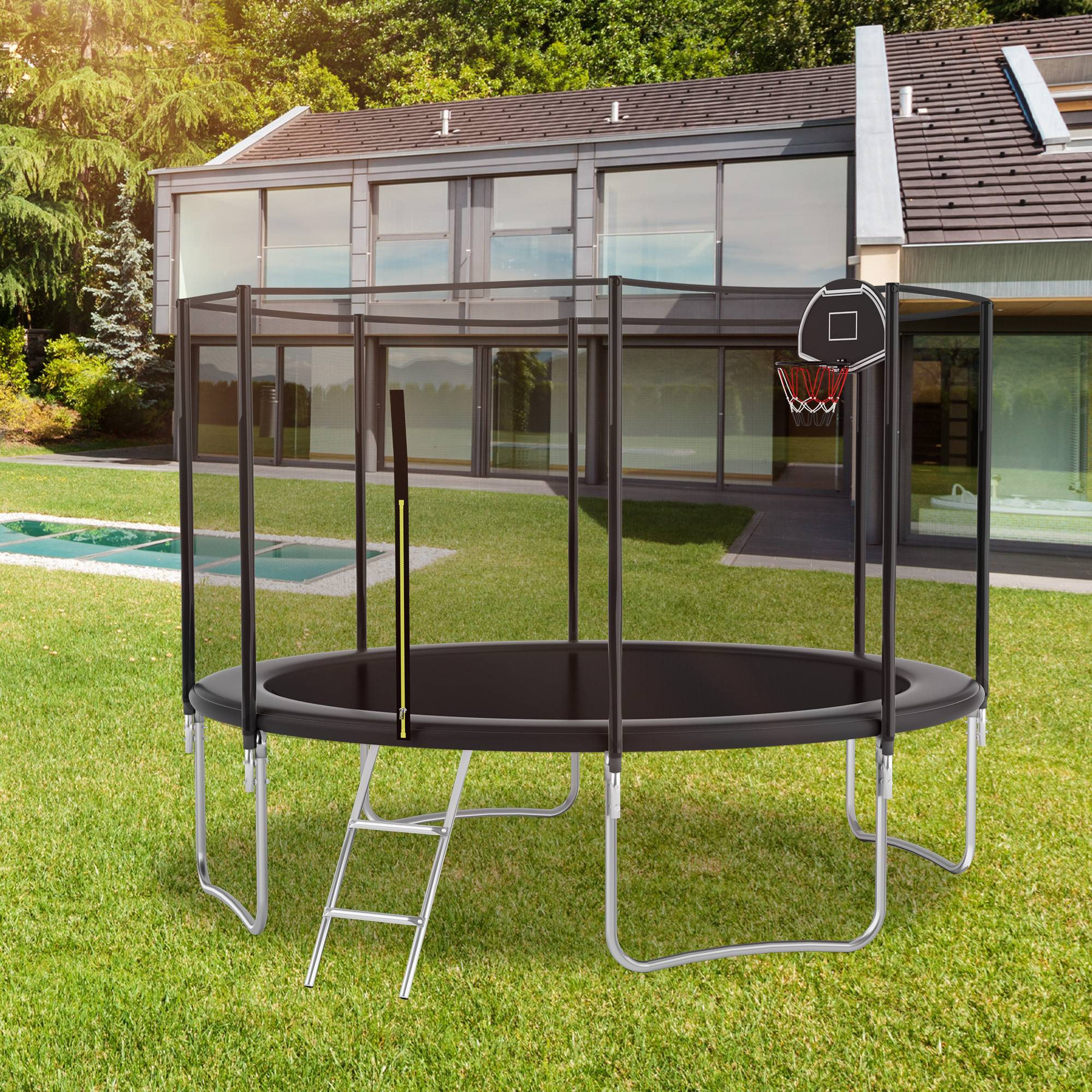 Outdoor Trampoline with Basketball Hoop and Safety Net, Heavy Duty Rebounder with Weatherproof Steel Frame, 366L x 366W x 76H cm, Black Aosom UK